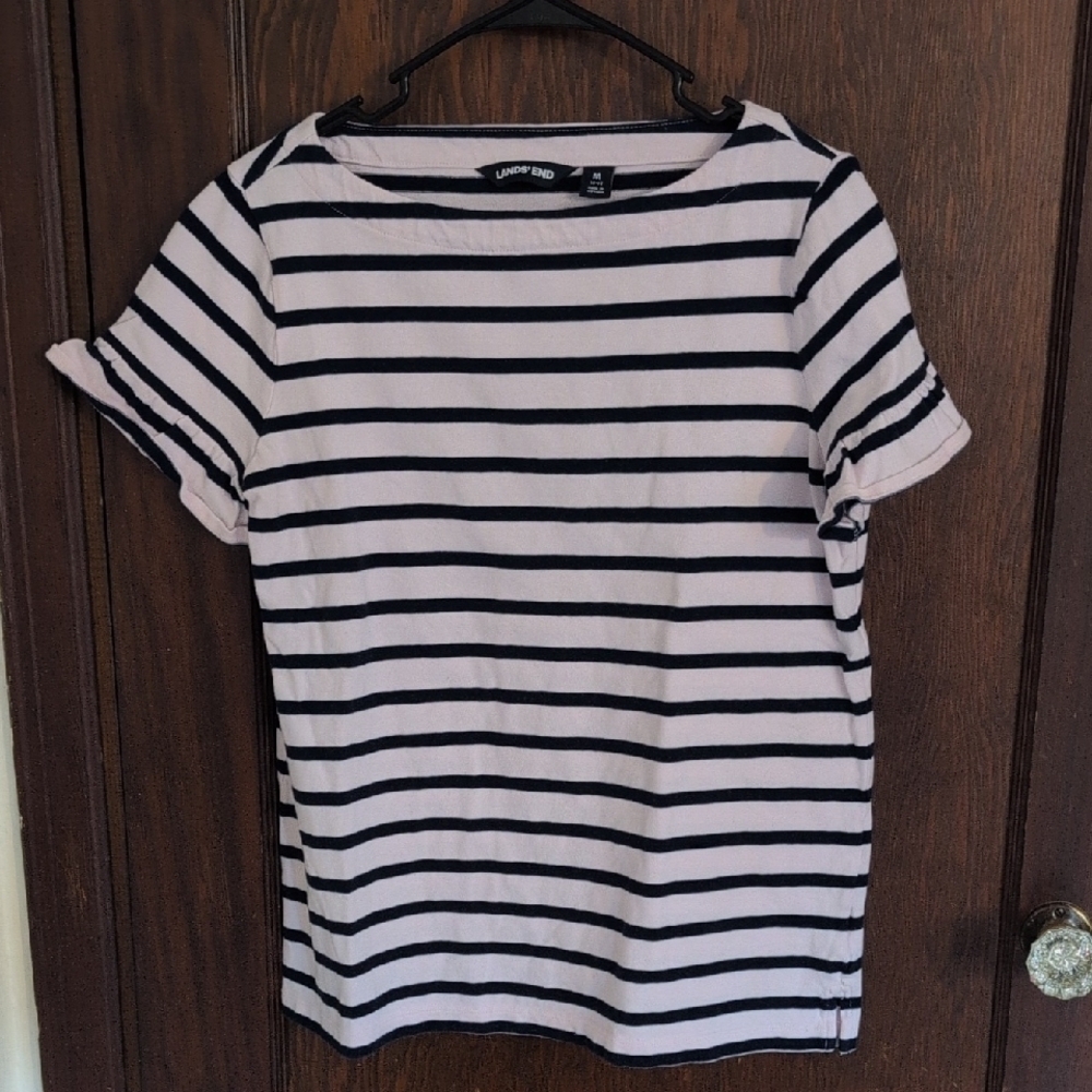 Talbots Light Pink & Navy Stripe Short Sleeve Blouse Size Medium
